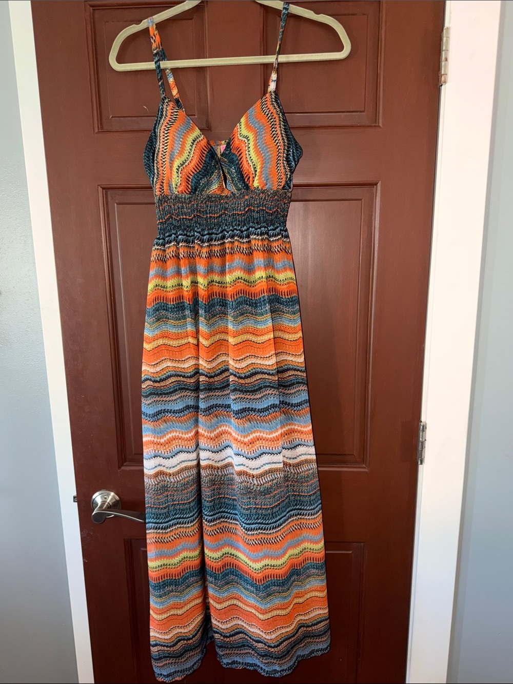Sleeveless Spaghetti-Strap Maxi Dress in Orange, Blue & White